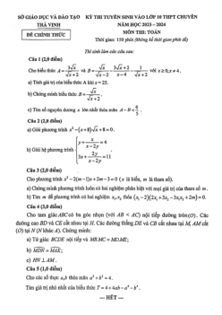 Đề tuyển sinh lớp 10 chuyên môn Toán năm 2023 – 2024 sở GD&ĐT Trà Vinh