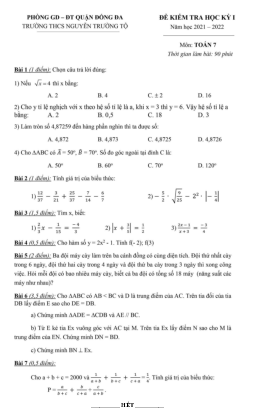 Đề thi HK1 Toán 7 năm 2021 – 2022 trường THCS Nguyễn Trường Tộ – Hà Nội