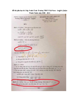 Đề thi giữa học kì 1 lớp 9 môn Toán Trường THCS Việt Nam - Angiêri, Quận Thanh Xuân năm 2020 - 2021