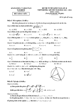 Đề thi tuyển sinh lớp 10 năm 2023-2024 môn toán Sở GD và ĐT Nam Định (có đáp án và lời giải chi tiết)