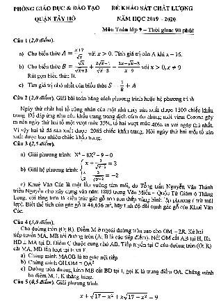 Đề khảo sát chất lượng Toán 9 năm 2019 – 2020 phòng GD&ĐT Tây Hồ – Hà Nội