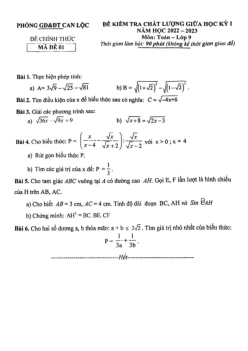 Đề giữa học kỳ 1 Toán 9 năm 2022 – 2023 phòng GD&ĐT Can Lộc – Hà Tĩnh