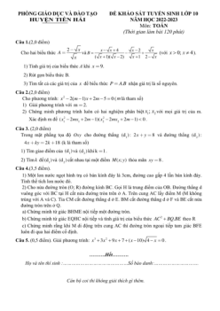 Đề khảo sát Toán tuyển sinh 10 năm 2022 – 2023 phòng GD&ĐT Tiền Hải – Thái Bình