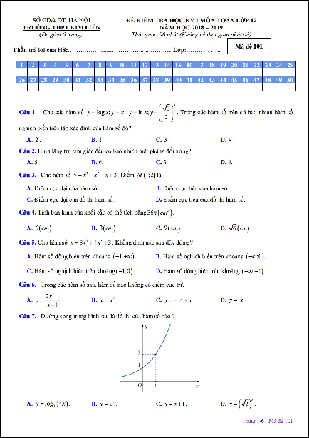 Đề kiểm tra học kỳ 1 Toán 12 năm 2018 – 2019 trường THPT Kim Liên – Hà Nội