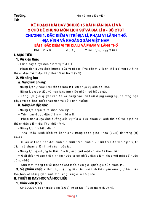 Giáo án Địa lí 8 Chân trời sáng tạo học kỳ 1