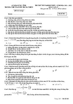 Đề thi thử THPT Quốc gia 2022 môn Vật Lí lần 1 trường THPT Nguyễn Trung Thiên, Hà Tĩnh (có đáp án)