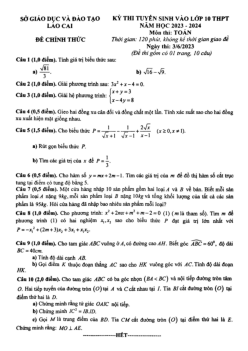 Đề tuyển sinh vào lớp 10 môn Toán năm 2023 – 2024 sở GD&ĐT Lào Cai