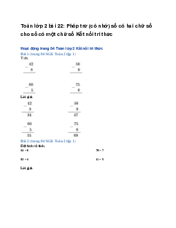 Toán lớp 2 bài 22: Phép trừ (có nhớ) số có hai chữ số cho số có một chữ số | Kết nối tri thức