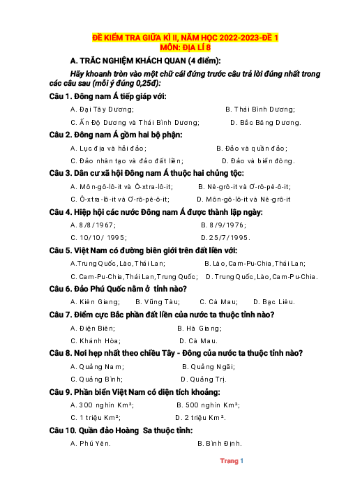 Bộ đề ôn thi giữa học kỳ 2 Địa 8 năm 2022-2023 có đáp án