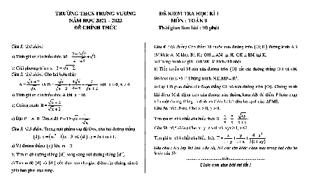 Đề thi học kì 1 Toán 9 năm 2021 – 2022 trường THCS Trưng Vương – Hà Nội