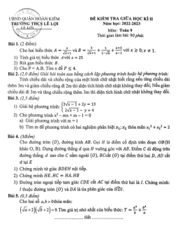 Đề giữa học kì 2 Toán 9 năm 2022 – 2023 trường THCS Lê Lợi – Hà Nội