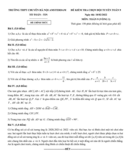 Đề chọn đội tuyển Toán 9 năm 2021 – 2022 trường chuyên Hà Nội – Amsterdam