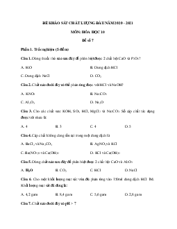 Đề thi khảo sát chất lượng đầu năm lớp 10 môn Hóa 2020 - 2021 - Đề 7