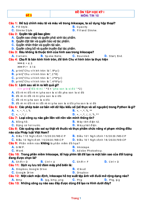 Đề ôn thi HK1 môn Tin 10 Kết nối tri thức (có đáp án-Đề 5)