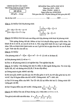 Đề thi giữa học kì 2 Toán 9 năm 2023 – 2024 trường THCS Lê Quý Đôn – Hà Nội
