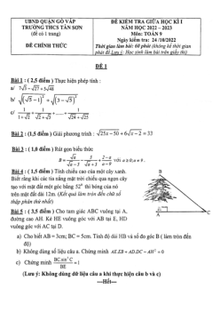 Đề giữa học kì 1 Toán 9 năm 2022 – 2023 trường THCS Tân Sơn – TP HCM