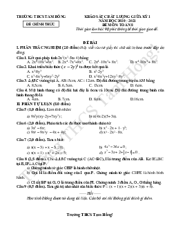 Đề thi giữa kỳ 1 Toán 8 năm 2020 – 2021 trường THCS Tam Hồng – Vĩnh Phúc