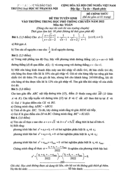 Đề tuyển sinh lớp 10 chuyên môn Toán năm 2022 trường ĐHSP Hà Nội