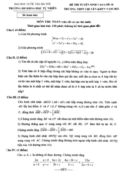 Đề tuyển sinh vào lớp 10 năm 2022 trường THPT chuyên KHTN – Hà Nội