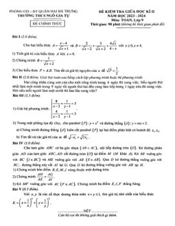 Đề thi giữa học kì 2 Toán 9 năm 2023 – 2024 trường THCS Ngô Gia Tự – Hà Nội