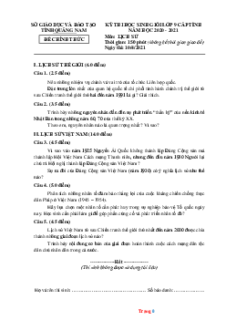 Đề Thi HSG Môn Sử Lớp 9 Tỉnh Quảng Nam 2020-2021 (có lời giải)