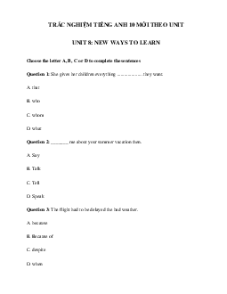 Trắc nghiệm Ngữ pháp tiếng Anh lớp 10 Unit 8 New Ways To Learn | Global Success