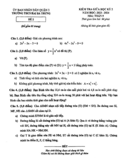 Đề thi giữa học kỳ 2 Toán 9 năm 2023 – 2024 trường THCS Hai Bà Trưng – TP HCM