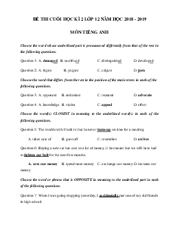 Đề thi học kì 2 lớp 12 môn Tiếng Anh năm học 2018 - 2019 số 2