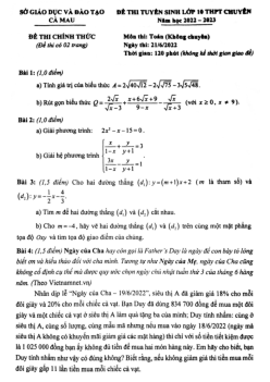 Đề tuyển sinh lớp 10 chuyên môn Toán (không chuyên) năm 2022 – 2023 sở GD&ĐT Cà Mau