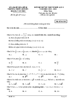 Đề thi thử Toán TN THPT 2022 lần 1 trường chuyên Hoàng Văn Thụ – Hòa Bình
