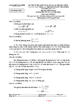 Đề thi tuyển sinh vào lớp 10 các trường THPT  PT DTNT THPT Tỉnh, các trường  PT DTNT THCS&THPT năm học 2022-2023 môn toán Sở GD Hòa Bình (có đáp án và lời giải chi tiết