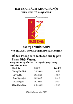 Phong cách lãnh đạo của tỷ phú Phạm Nhật Vượng | Tiểu luận Văn hóa kinh doanh và khởi nghiệp | Đại học Bách Khoa Hà Nội