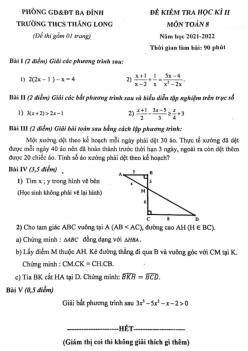 Đề thi học kì 2 Toán 8 năm 2021 – 2022 trường THCS Thăng Long – Hà Nội