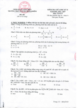Đề giữa học kỳ 2 Toán 8 năm 2022 – 2023 trường THCS Nguyễn Bỉnh Khiêm – Hà Nội