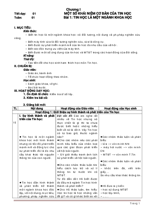 Giáo án môn Tin 10 cả năm chương trình chuẩn 3 cột