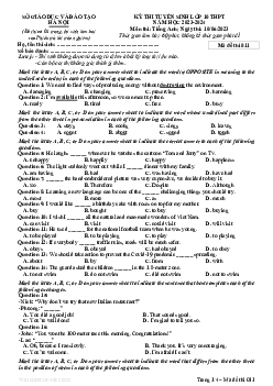Đề thi Tiếng Anh vào 10 Hà Nội 2023 mã đề thi 011 (có đáp án)