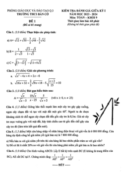 Đề giữa kỳ 1 Toán 9 năm 2023 – 2024 trường THCS Bàn Cờ – TP HCM