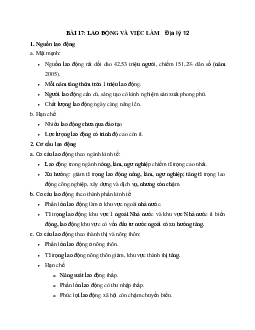 Địa Lý 12 bài 17: Lao động và việc làm