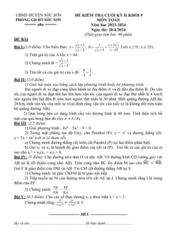 Đề thi cuối kỳ 2 Toán 9 năm 2023 – 2024 phòng GD&ĐT Sóc Sơn – Hà Nội
