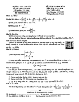 Đề thi học kì 2 Toán 9 năm 2023 – 2024 trường THPT chuyên Hà Nội – Amsterdam