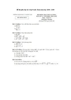 Đề thi giữa học kì 1 lớp 9 môn Toán năm học 2018 - 2019