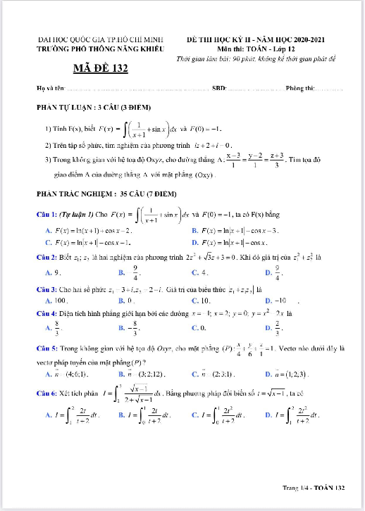 Đề thi HK2 Toán 12 năm 2020 – 2021 trường Phổ thông Năng khiếu – TP HCM