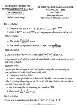 Đề học sinh năng khiếu Toán 7 năm 2021 – 2022 phòng GD&ĐT Thanh Trì – Hà Nội