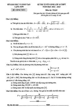 Đề tuyển sinh lớp 10 THPT môn Toán năm 2022 – 2023 sở GD&ĐT Lạng Sơn