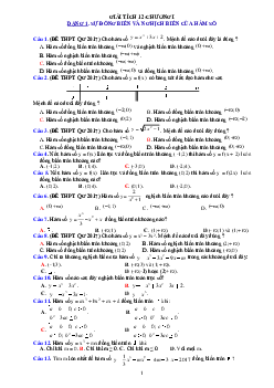 Bài tập trắc nghiệm Toán 12 chương 1: Khảo sát sự biến thiên và vẽ đồ thị hàm số (có đáp án)