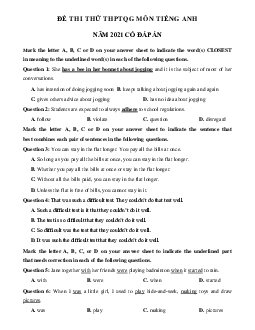 Đề thi thử THPT Quốc gia 2021 môn Tiếng Anh trường THPT Chuyên Hoàng Văn Thụ lần 2 (có đáp án)