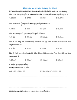 Đề thi giữa học kì 2 lớp 5 môn Toán - Số 9