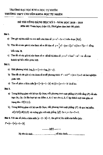 Đề thi công bằng học kỳ 1 Toán 12 năm học 2018 – 2019 trường THPT chuyên KHTN – Hà Nội