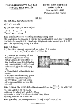 Đề giữa học kỳ 2 Toán 8 năm 2022 – 2023 trường THCS Tứ Liên – Hà Nội