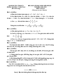 Đề giao lưu HSG Toán 8 năm 2022 – 2023 phòng GD&ĐT Vĩnh Bảo – Hải Phòng